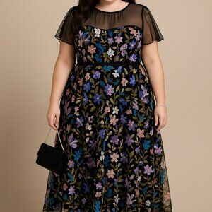 Alex Marie Embroidered Floral Mesh Dress – Size 16 – Black Multicolor – Fit & Fl